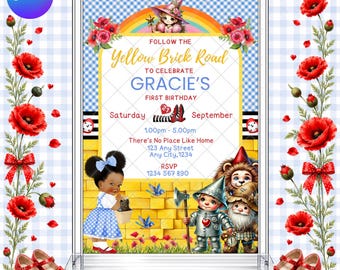 May include: A rectangular invitation card featuring a Wizard of Oz theme with a yellow brick road, a child in a blue gingham dress, a tin person, a lion, and a scarecrow. The text reads Follow the Yellow Brick Road to celebrate Gracie's first birthday.