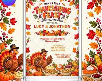 Thanksgiving Feast Party Invitation: Gobble Till You Wobble Turkey Day EDITABLE Printable Canva Template Instant Download Digital Template