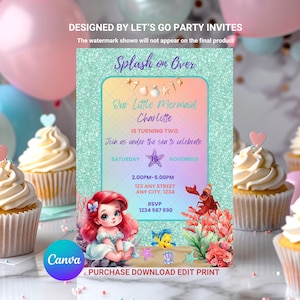 Mermaid Birthday Invitation Princess Ariel Fairytale Birthday Invite  EDITABLE Printable Canva Template Instant Download Digital Template