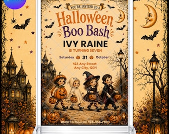 Halloween Boo Bash Invitation: Spooky Retro Kid's Trick or Treat EDITABLE Printable Canva Template Instant Download Digital Template