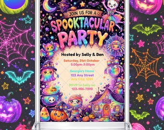 Halloween Party Invitation: Neon Kawaii Spooky Rainbow EDITABLE Printable Canva Template Instant Download Digital Template