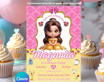 Invitación de cumpleaños de Bella: Fiesta de princesa Bella y Bestia para niñas, cuento de hadas, plantilla editable e imprimible de Canva, descarga instantánea, plantilla digital