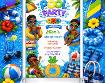 Pool Party Birthday Invitation: Boy's Splash Summer EDITABLE Printable Canva Template Instant Download
