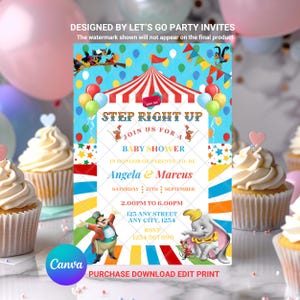 Dumbo Baby Shower Invitation: Circus Elephant Carnival He or She Invite EDITABLE Printable Canva Template Instant Download Digital Template