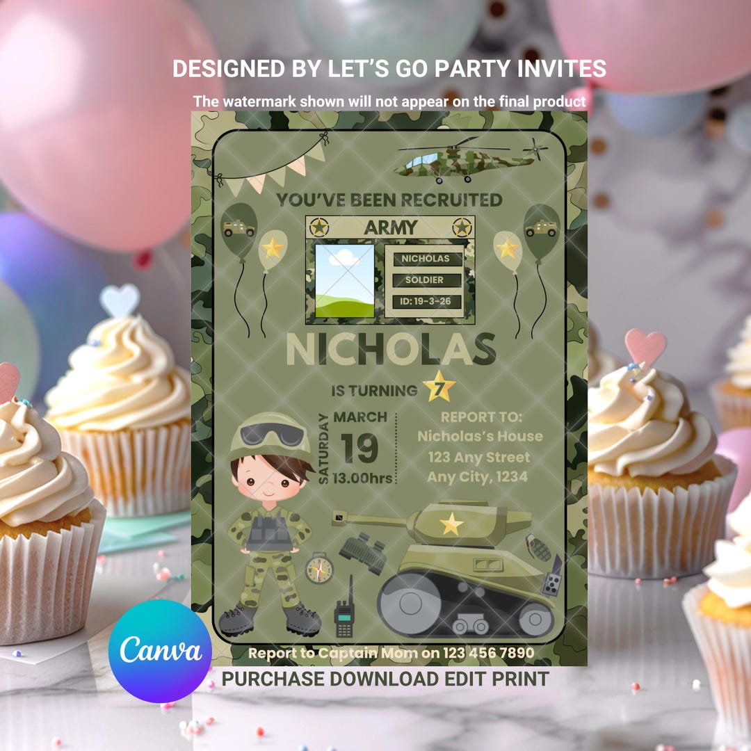 Army Military Photo Birthday Invitation: Boy Soldier Camo EDITABLE ...