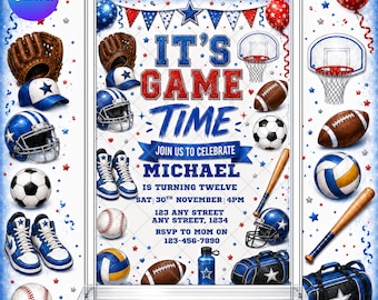 Sports Birthday Invitation: Boys Blue Game Day Football Baseball Tennis EDITABLE Printable Canva Template Instant Download Digital Template