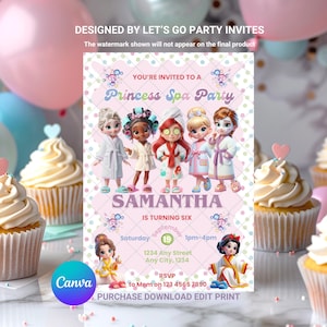 May include: A pink invitation for a Princess Spa Party, designed by Let's Go Party Invites. The invitation features cartoon illustrations of girls in spa attire. The text reads "You're Invited to a Princess Spa Party" and "Samantha is turning six."