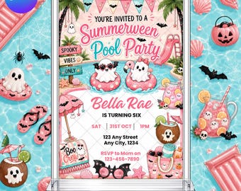 Summerween Pool Party Invitation: Halloween Spooky Pink Trick or Treat EDITABLE Printable Canva Template Instant Download Digital Template