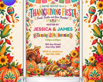 Thanksgiving Fiesta Invitation: colorful Fall Taco Party Friendsgiving EDITABLE Printable Canva Template Instant Download Digital Template