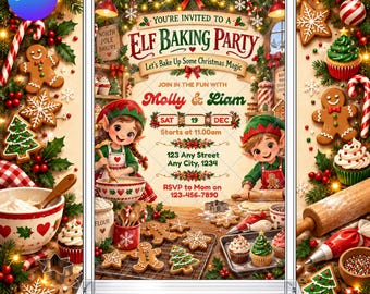 Elf Christmas Baking Party Invitation: Kids Summer Christmas Holidays EDITABLE Printable Canva Template Instant Download Digital Template
