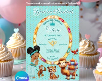 Jasmine verjaardagsuitnodiging: babymeisje prinses sprookjesachtige Genie Aladdin BEWERKBARE afdrukbare canvassjabloon Instant Download digitale sjabloon