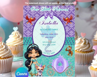 Jasmine verjaardagsuitnodiging: prinses sprookjesmeisje feestuitnodiging BEWERKBARE afdrukbare canva-sjabloon Instant Download digitale sjabloon
