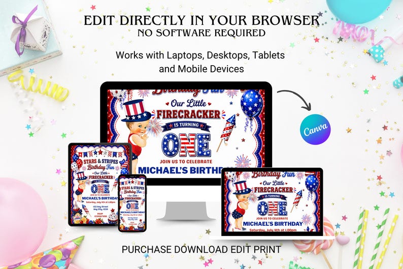 4th of July First Birthday Invitation: Patriotic USA Red White Blue ...