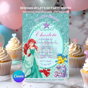 Mermaid Birthday Invitation Under the Sea Ariel Girls Birthday Invite EDITABLE Printable Canva Template Instant Download Digital Template