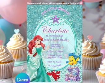 Mermaid Ariel Birthday Invitation: Under the Sea EDITABLE Printable Canva Template Instant Download Digital Template