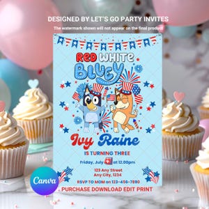 Invito di compleanno modificabile per bambini con cane blu, rosso, bianco e peperoncino, modello Canva stampabile, download immediato, modello digitale