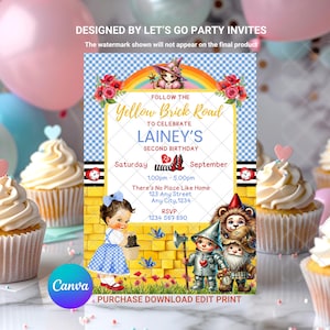 Invitación de cumpleaños del Mago de Oz &quot;Sobre el arcoíris&quot;, Dorothy Ruby Slippers, plantilla editable e imprimible de Canva, descarga digital instantánea.