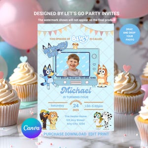 Convite de aniversário para meninos Bluey Bingo editável para festa infantil Blue Kids, cachorro azul, modelo Canva para impressão EDITÁVEL, download instantâneo, modelo digital