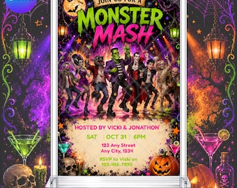 Halloween Monster Mash Invitation: Spooky Neon Trick or Treat EDITABLE Printable Canva Template Instant Download Digital Template