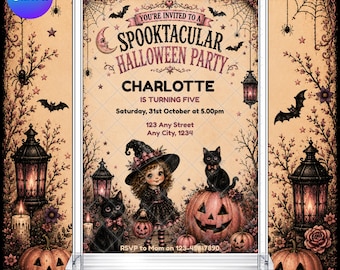 Halloween Birthday Invitation: Vintage Spooktacular Pink Trick or Treat EDITABLE Printable Canva Template Instant Download Digital Template