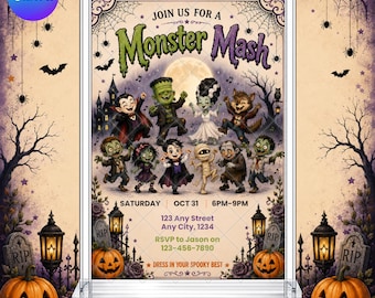 Halloween Monster Mash Party: Spooky, Trick or Treat Kid's EDITABLE Printable Canva Template Instant Download Digital Template