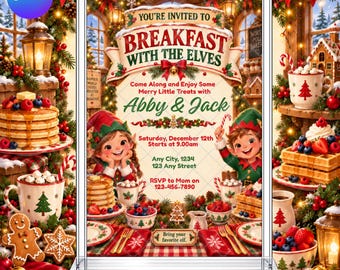 Elf Christmas Breakfast Invitation: Kids Summer Christmas Holidays EDITABLE Printable Canva Template Instant Download Digital Template