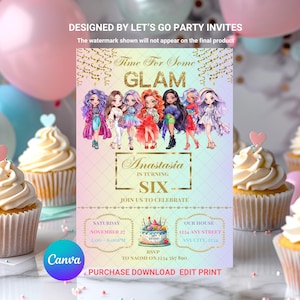 Puppe Geburtstagseinladung Party einladen Glam Fashion Mädchen Regenbogen Tweens EDITIERBARE druckbare Canva Vorlage Sofortiger Download digitale Vorlage