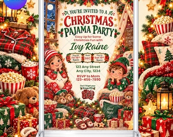 Elf Christmas Pajama Party Invitation: Kids Sleepover Christmas Holidays EDITABLE Printable Canva Template Instant Download Digital Template