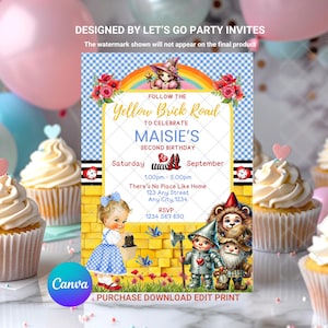 Invitación de cumpleaños del Mago de Oz &quot;Sobre el arcoíris&quot;, Dorothy Ruby Slippers, plantilla editable e imprimible de Canva, descarga digital instantánea.