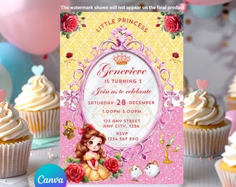 Invitación de cumpleaños de Bella: Princesa de cuento de hadas de la Bella y la Bestia. Plantilla editable e imprimible de Canva. Descarga instantánea. Plantilla digital.
