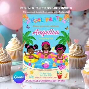 Pool Party Birthday Invitation Aloha Tropical Girl&#39;s Summer Invite EDITABLE Printable Canva Template Instant Download Digital Template