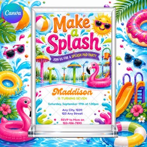 Uitnodiging voor een spetterfeestje: Verjaardagsfeestje in een zwembad met waterspeelzone. Bewerkbare en printbare Canva-sjabloon. Direct te downloaden als digitaal sjabloon.