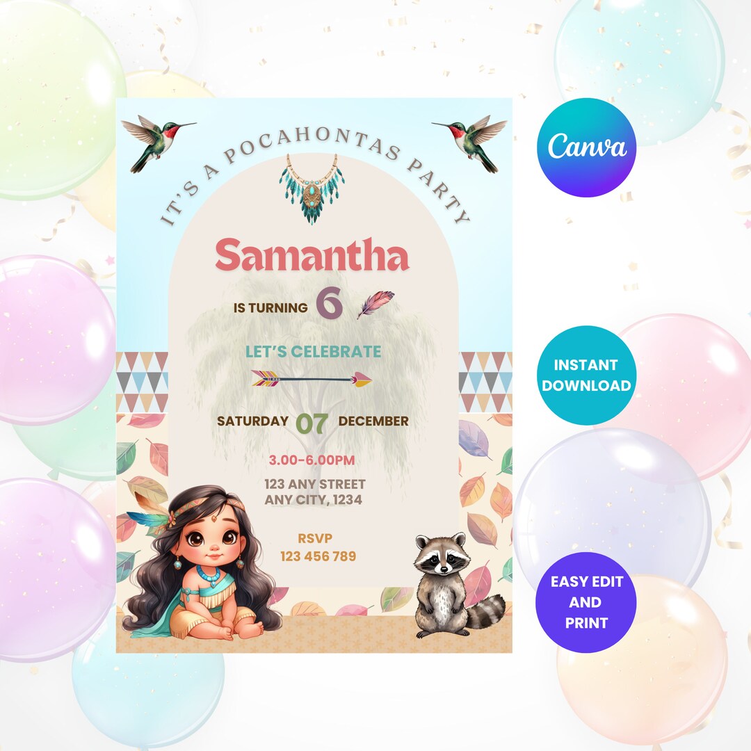 Pocahontas Birthday Invitation Fairytale Willow Meeko Birthday Invite ...
