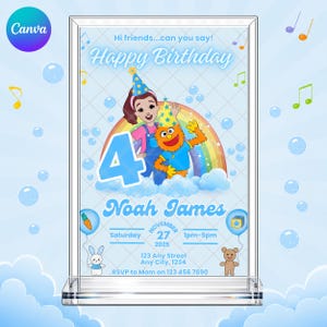 Invitación de cumpleaños editable de la Sra. Rachel: Niños, Herbie Azul ¿Puedes decir EDITABLE? Plantilla imprimible de Canva, descarga instantánea, plantilla digital