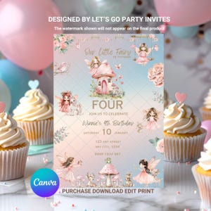 Invito di compleanno fata, invito di compleanno rosa con farfalla magica, modello Canva modificabile, modello digitale scaricabile immediatamente
