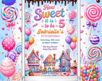 Süßigkeiten-Geburtstagseinladung: 1-9 Jahre, Candyland-Süßigkeiten, Lollis, bearbeitbare, druckbare Canva-Vorlage, sofortiger Download, digitale Vorlage