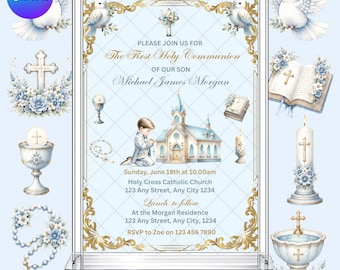 First Communion Invitation: Holy 1st Communion Boys Blue Invite EDITABLE Printable Canva Template Instant Download Digital Template