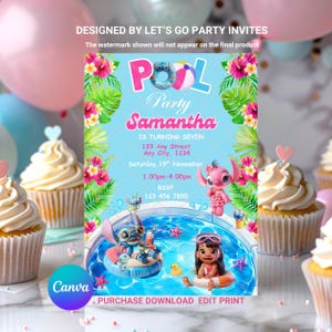 Invito di compleanno modificabile Stitch Lilo per ragazze, festa in piscina rosa arcobaleno, modello Canva stampabile MODIFICABILE, modello digitale scaricabile all'istante
