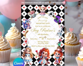 Alice in Wonderland-uitnodiging: Mad Tea Party Alice verjaardagsuitnodiging BEWERKBARE, afdrukbare canvassjabloon, digitale sjabloon Instant download
