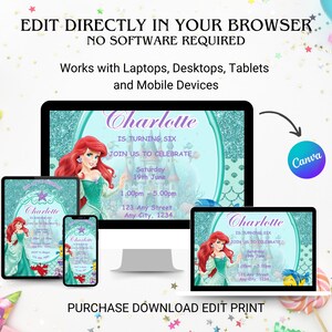 May include: Editable digital invitation for a birthday party featuring a mermaid with a sparkly turquoise background. The invitation says "Charlotte is turning six, join us to celebrate" and includes the date, time, and location of the party. The invitation can be edited using Canva.