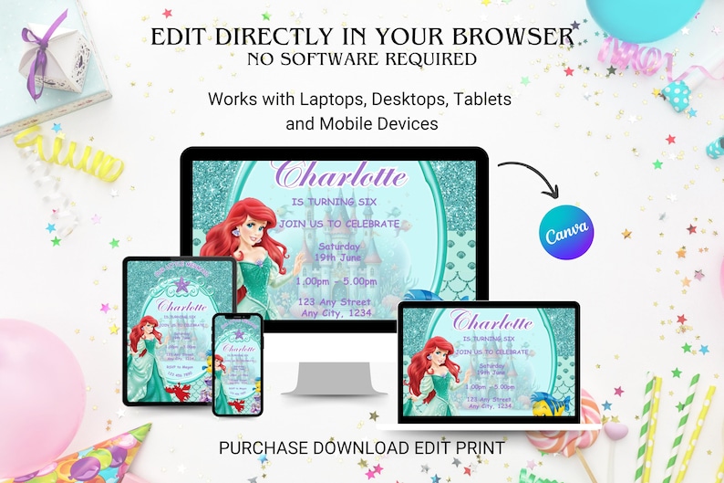 May include: Editable digital invitation for a birthday party featuring a mermaid with a sparkly turquoise background. The invitation says "Charlotte is turning six, join us to celebrate" and includes the date, time, and location of the party. The invitation can be edited using Canva.