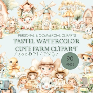 Pacote de clipart de fazenda fofa em aquarela pastel, animal de fazenda, ilustração de casa de fazenda, uso comercial de 300 DPI, vaca, porco, ovelha, pato, download digital