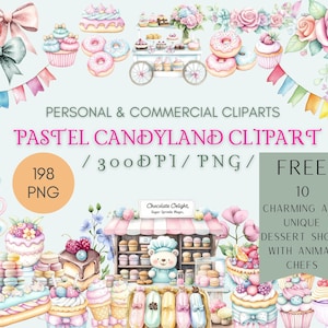 Pastelkleur Candyland clipartbundel, aquarel snoep clipart, cake pop, snoepverjaardag, pastel snoep png, schattige dessertwinkel, Animal Chef Art