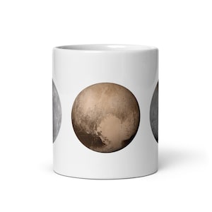 White Glossy Mug - Planets Mercury, Pluto, Charon