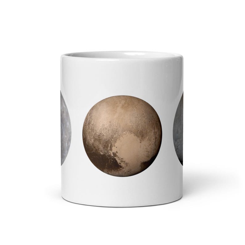White Glossy Mug - Planets Mercury, Pluto, Charon