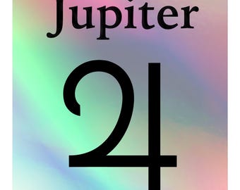 May include: A square sticker with a holographic, iridescent background featuring the word Jupiter in black serif font above the black astronomical symbol for the planet Jupiter, which resembles a stylized number four with a curved top.