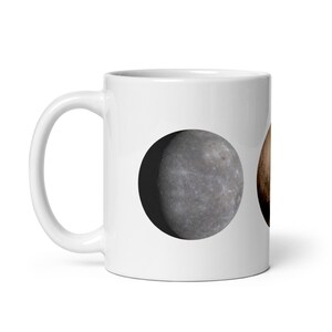 White Glossy Mug - Planets Mercury, Pluto, Charon