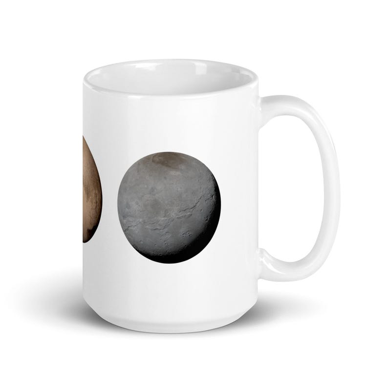 White Glossy Mug - Planets Mercury, Pluto, Charon