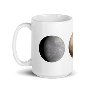 White Glossy Mug - Planets Mercury, Pluto, Charon