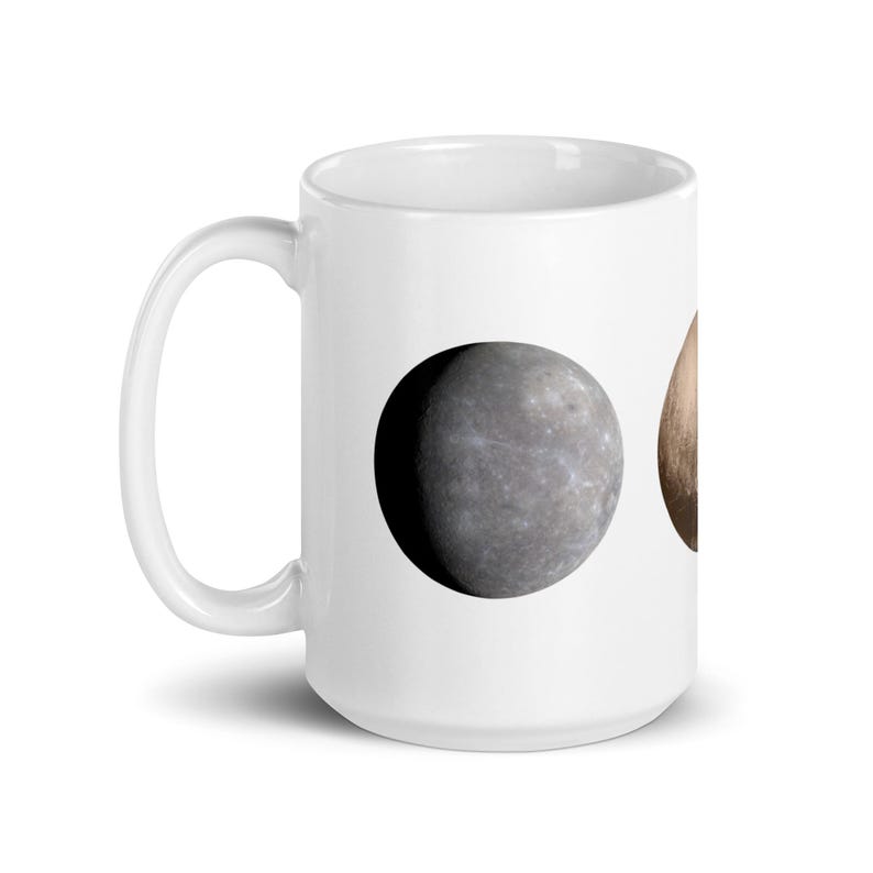 White Glossy Mug - Planets Mercury, Pluto, Charon
